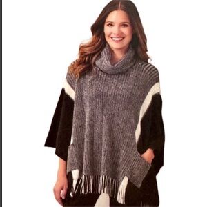Charlie Paige Cowl Neck Black and White Tassel Poncho One Size